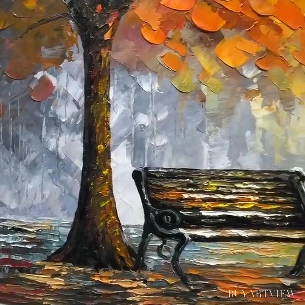ARTOVITAS Autumn Park Bench – Impressionistic Park Painting in Orange and Grey - image 5