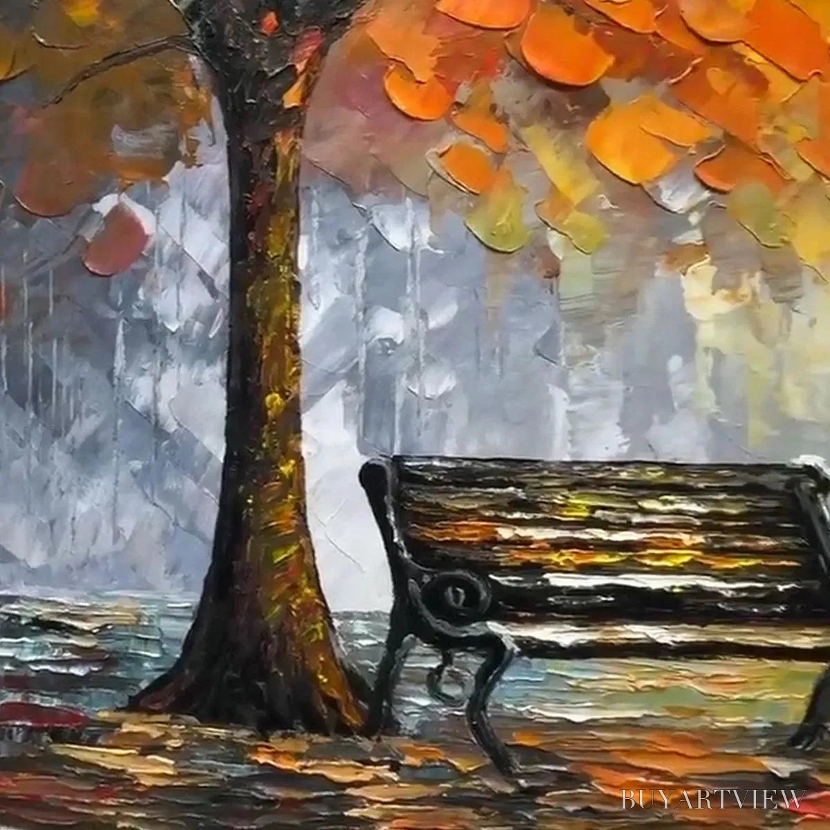 ARTOVITAS Autumn Park Bench – Impressionistic Park Painting in Orange and Grey - image 5