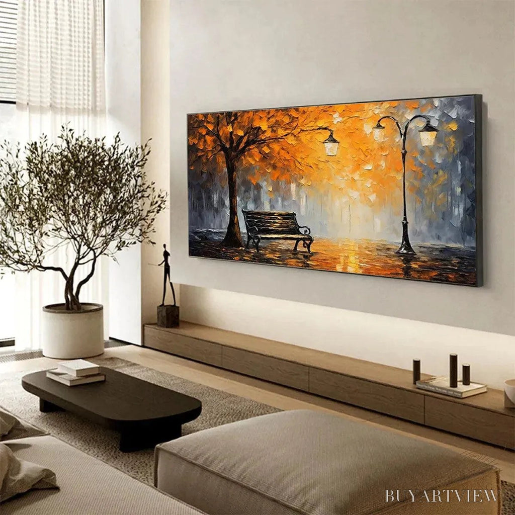 ARTOVITAS Autumn Park Bench – Impressionistic Park Painting in Orange and Grey - image 6