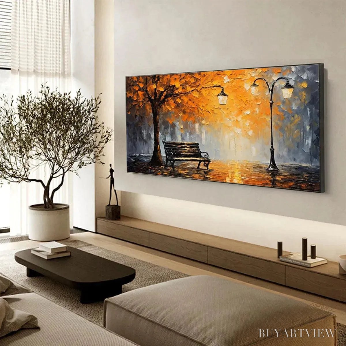 ARTOVITAS Autumn Park Bench – Impressionistic Park Painting in Orange and Grey - image 6