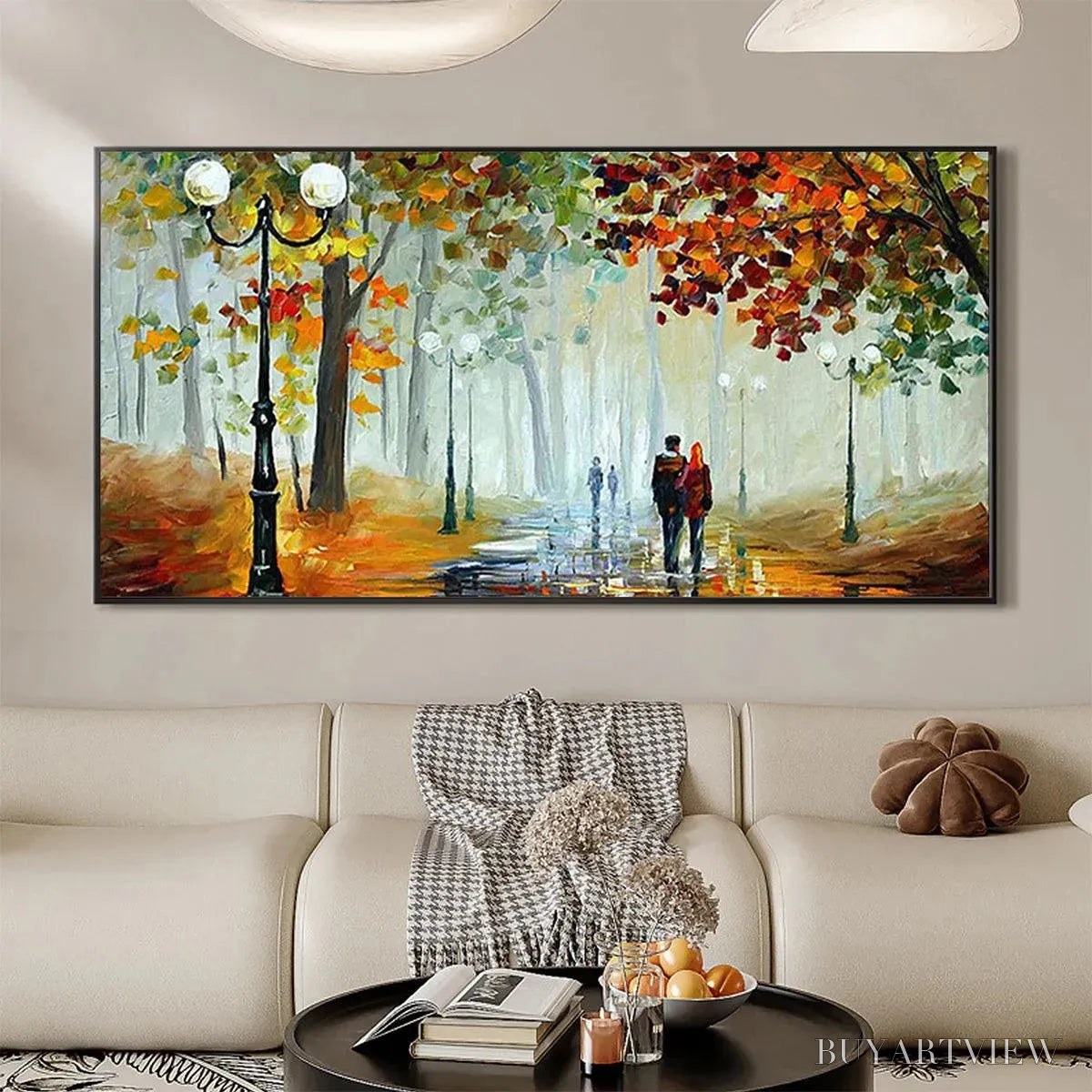 ARTOVITAS Autumn Park Stroll – Romantic Park Landscape Painting, Horizontal - image 2