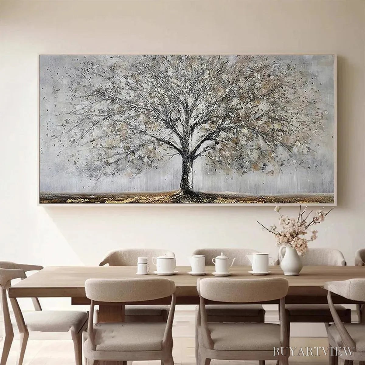 ARTOVITAS Silver Birch – Textured Tree Painting in Grey and Gold - image 2