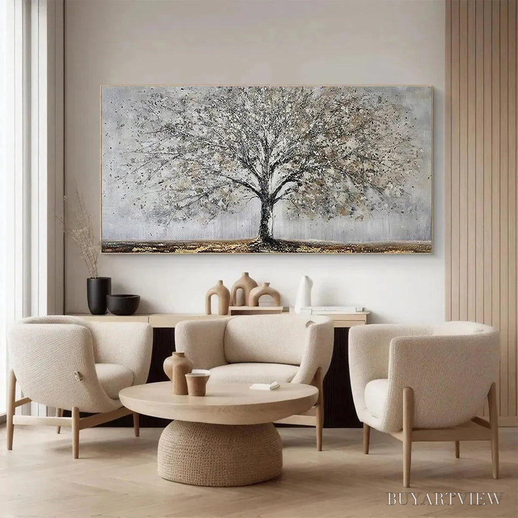ARTOVITAS Silver Birch – Textured Tree Painting in Grey and Gold - image 4