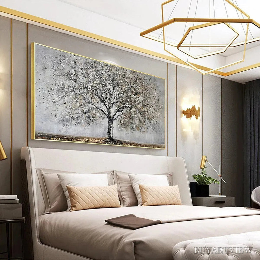 ARTOVITAS Silver Birch – Textured Tree Painting in Grey and Gold - image 5