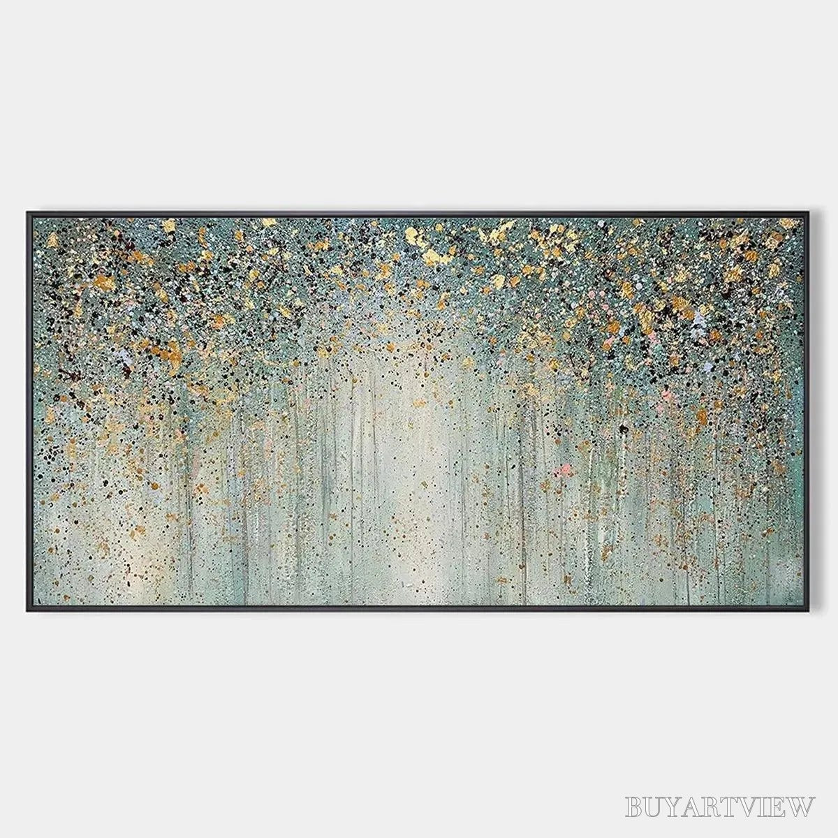 ARTOVITAS Golden Rain – Textured Abstract Landscape Painting in Green and Gold - image 1