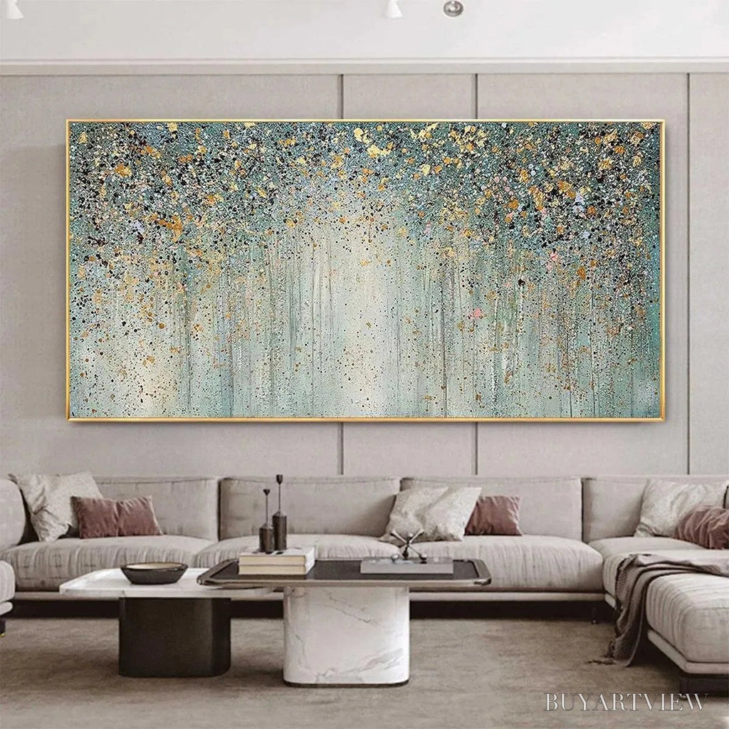 ARTOVITAS Golden Rain – Textured Abstract Landscape Painting in Green and Gold - image 2