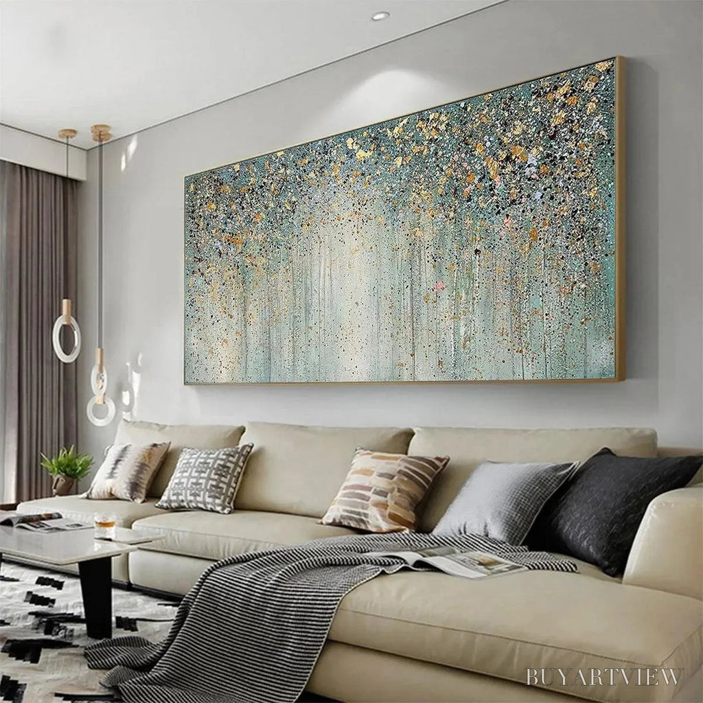 ARTOVITAS Golden Rain – Textured Abstract Landscape Painting in Green and Gold - image 4
