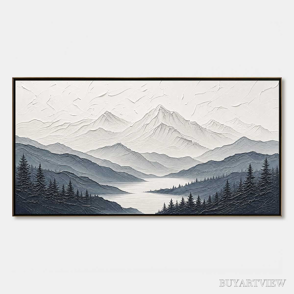 ARTOVITAS Whispering Peaks – Textured Monochrome Mountain Lake Landscape Painting - image 1