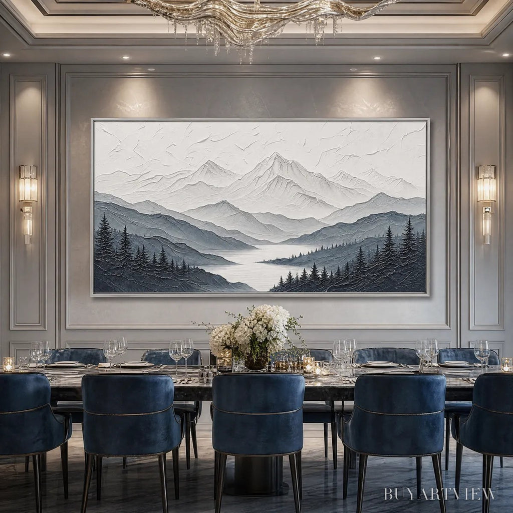 ARTOVITAS Whispering Peaks – Textured Monochrome Mountain Lake Landscape Painting - image 2