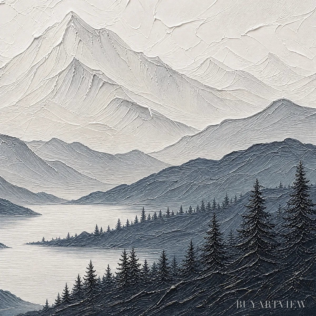 ARTOVITAS Whispering Peaks – Textured Monochrome Mountain Lake Landscape Painting - image 3