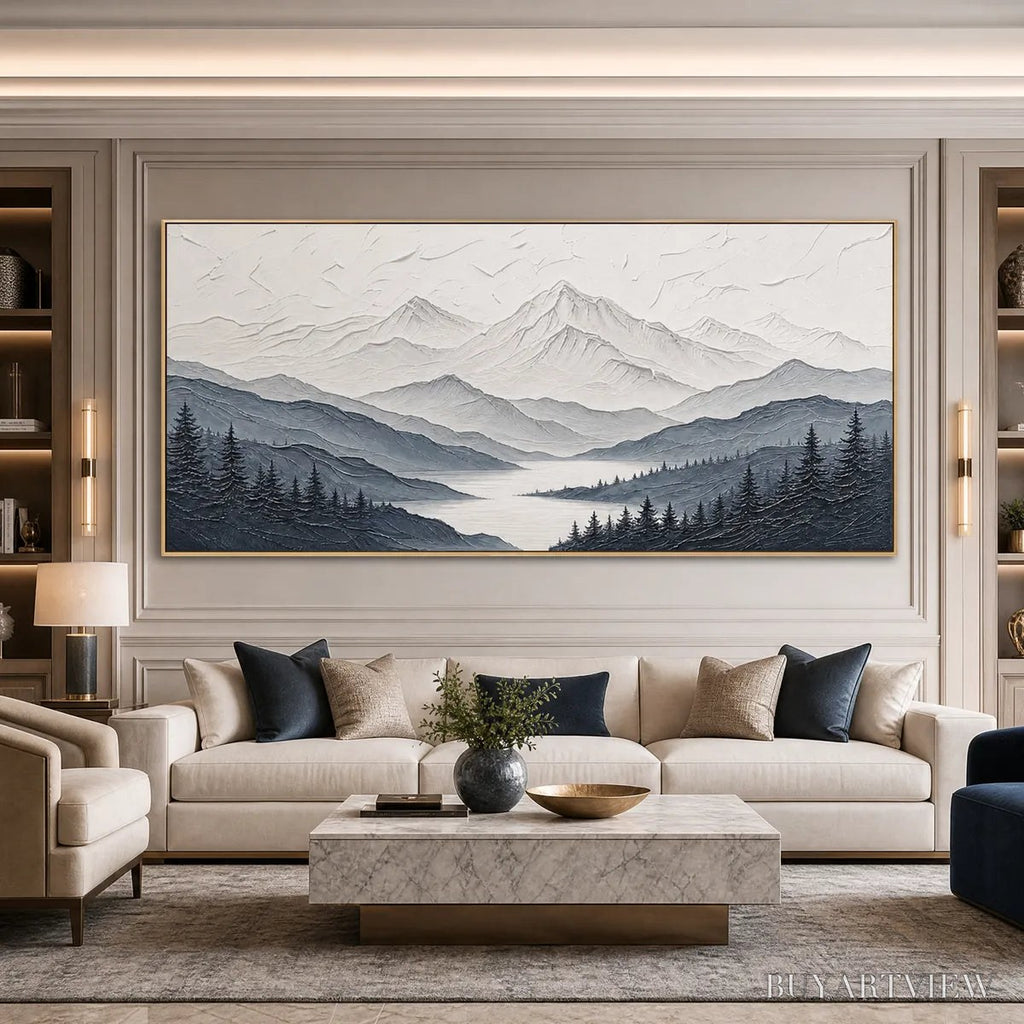 ARTOVITAS Whispering Peaks – Textured Monochrome Mountain Lake Landscape Painting - image 4