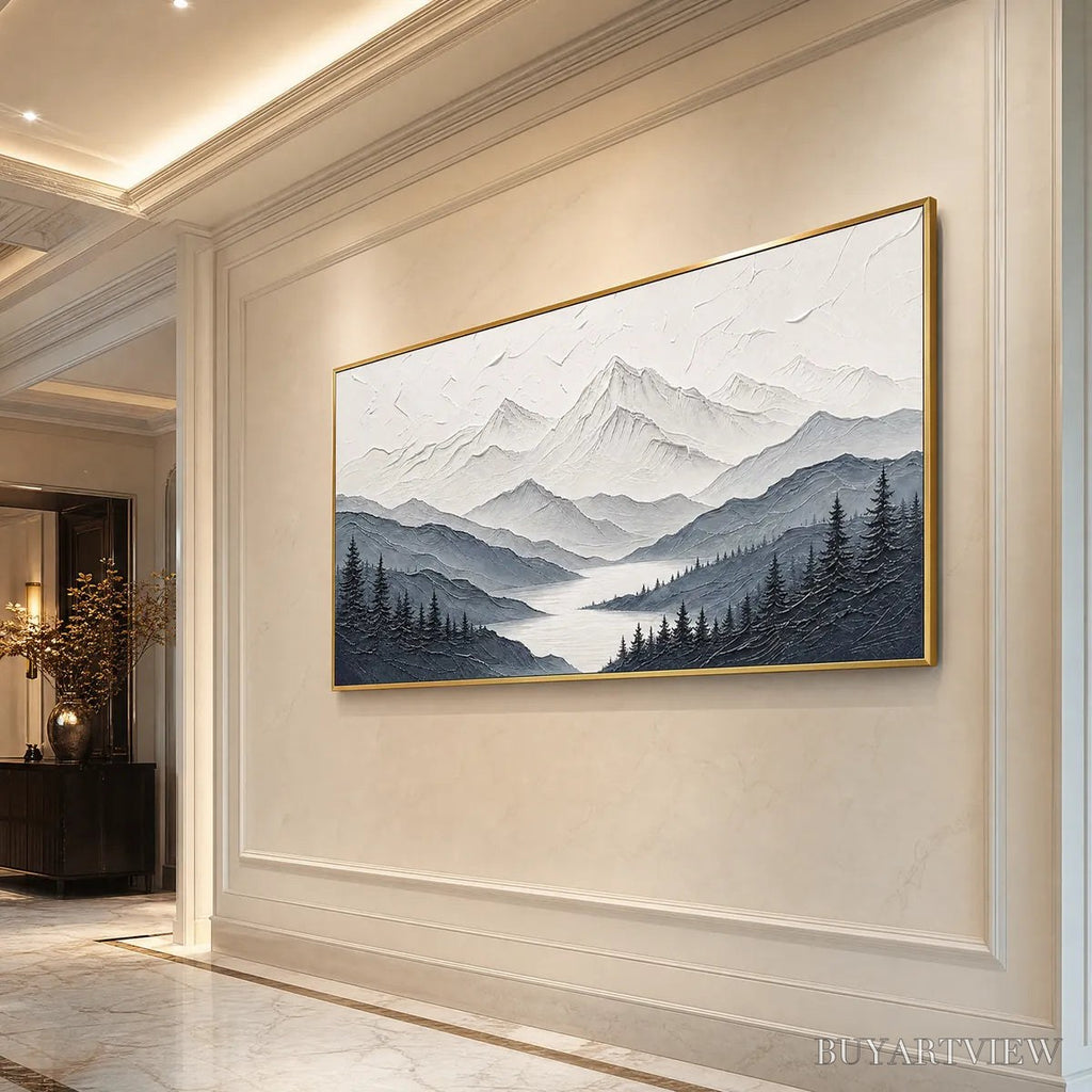 ARTOVITAS Whispering Peaks – Textured Monochrome Mountain Lake Landscape Painting - image 5