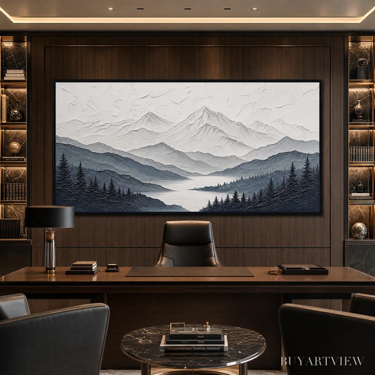 ARTOVITAS Whispering Peaks – Textured Monochrome Mountain Lake Landscape Painting - image 6
