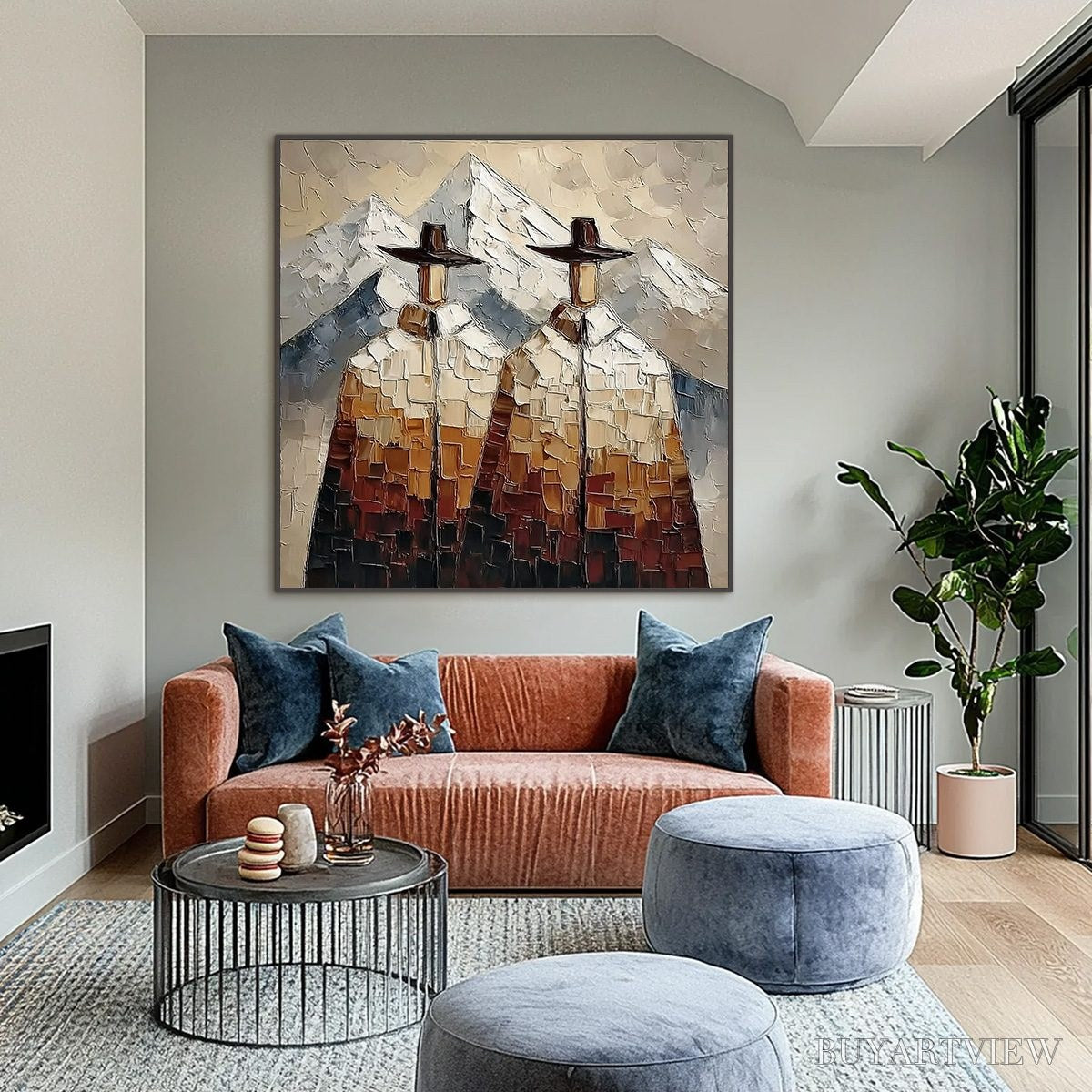 ARTOVITAS Alpine Companions – Textured Impasto Painting of Two Figures in the Mountains - image 2