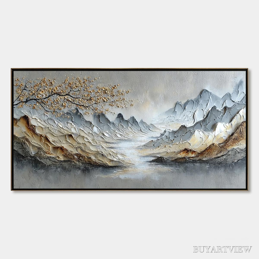 ARTOVITAS Golden Serenity – Textured Impasto Mountain Valley Landscape Painting - image 1