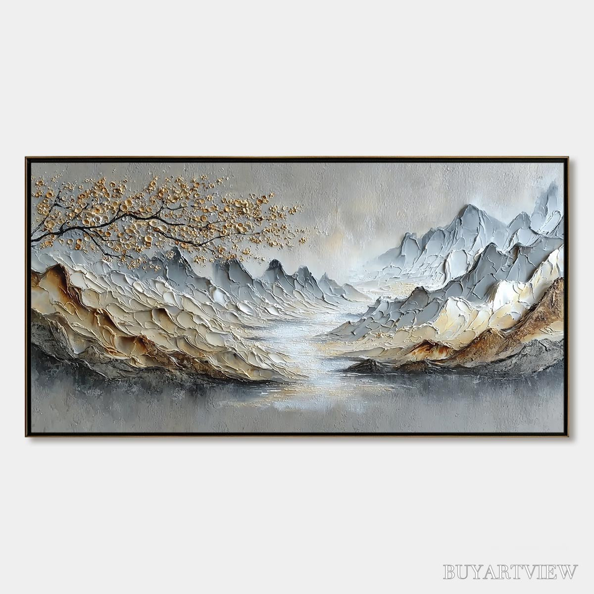 ARTOVITAS Golden Serenity – Textured Impasto Mountain Valley Landscape Painting - image 1