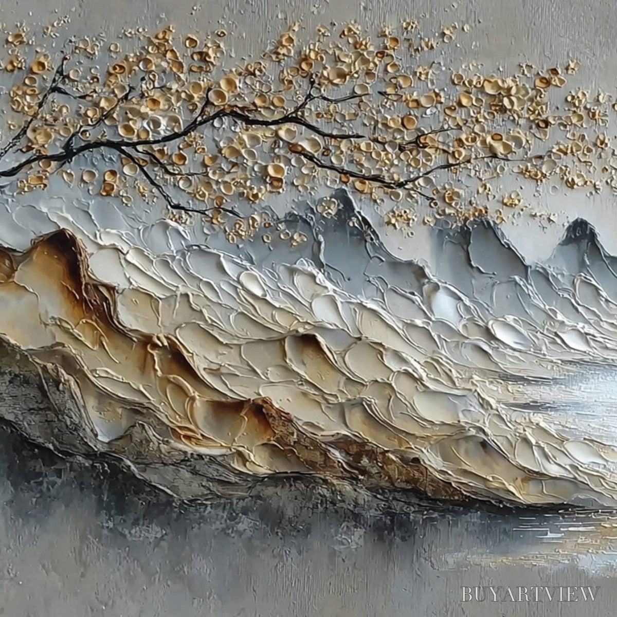 ARTOVITAS Golden Serenity – Textured Impasto Mountain Valley Landscape Painting - image 3