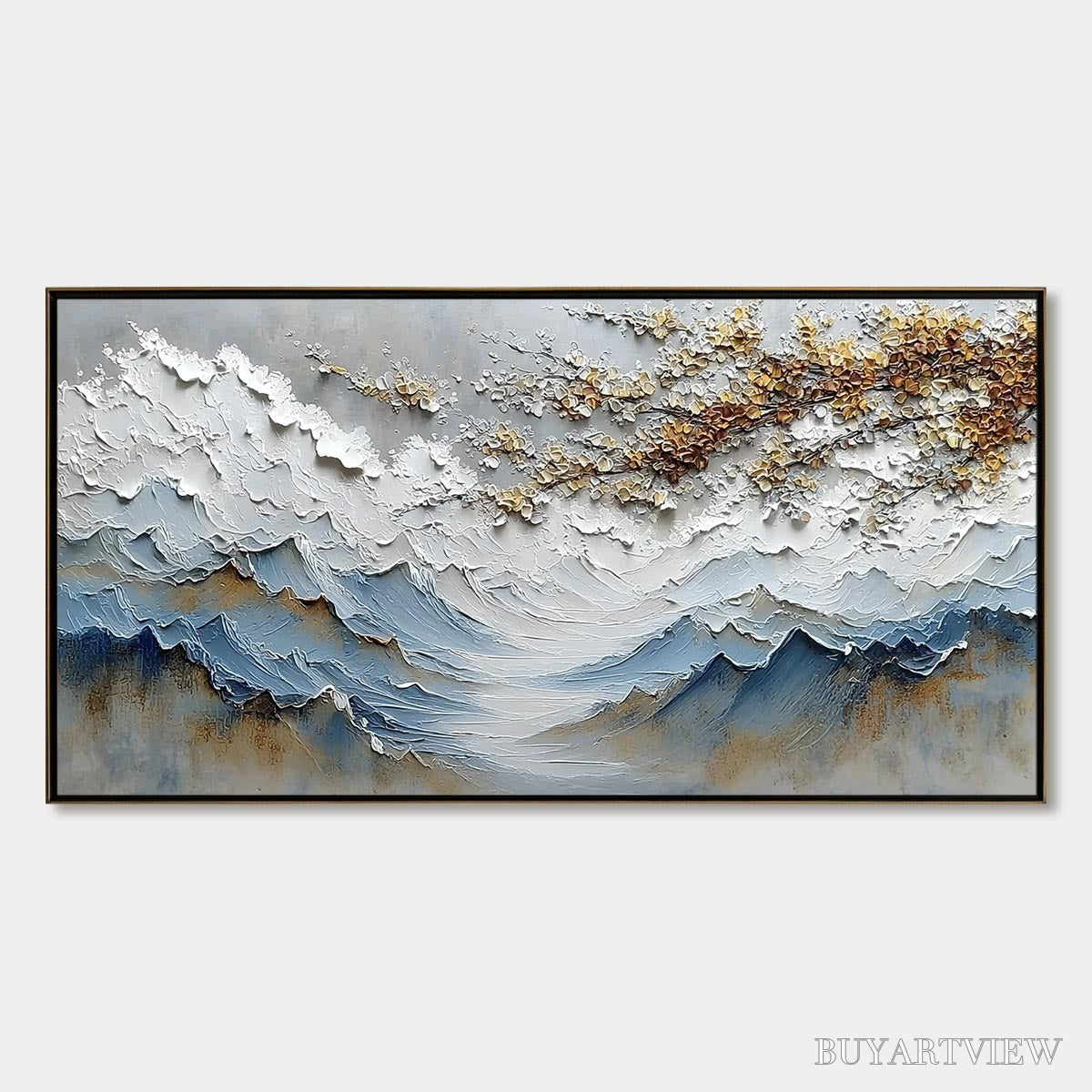 ARTOVITAS Whispers of the Valley – Textured Mountain Landscape Painting with Golden Blossoms - image 1