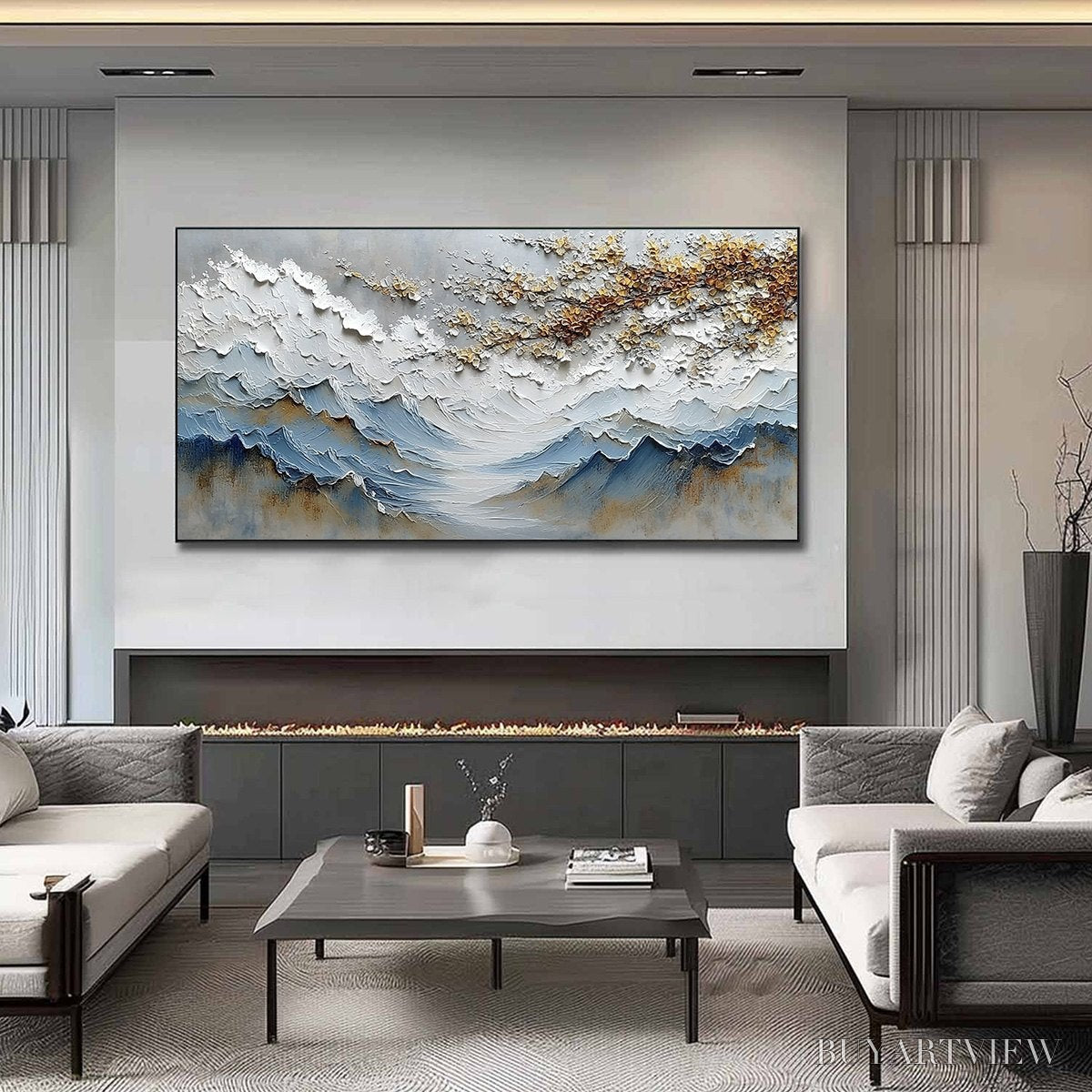 ARTOVITAS Whispers of the Valley – Textured Mountain Landscape Painting with Golden Blossoms - image 2