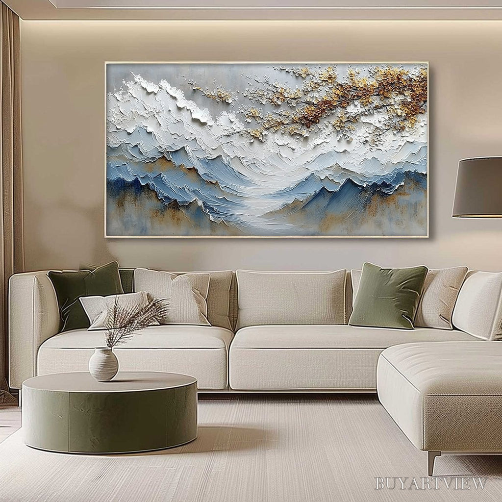 ARTOVITAS Whispers of the Valley – Textured Mountain Landscape Painting with Golden Blossoms - image 4