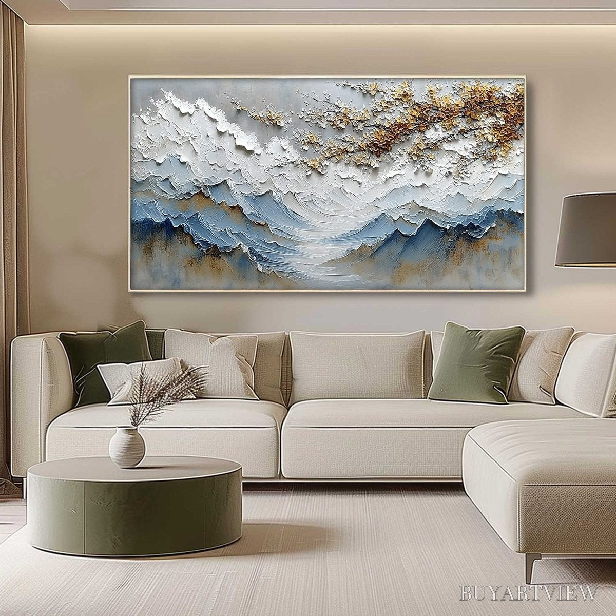 ARTOVITAS Whispers of the Valley – Textured Mountain Landscape Painting with Golden Blossoms - image 4
