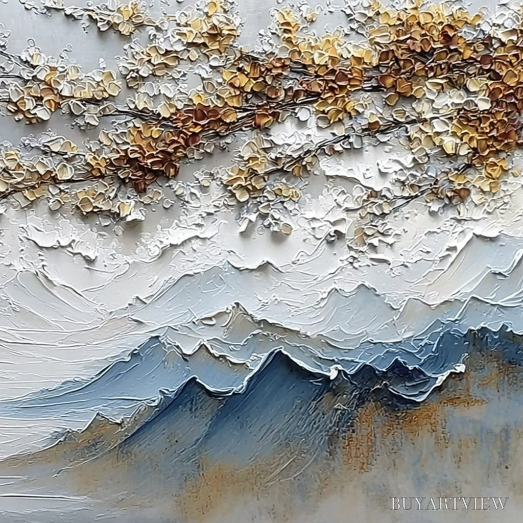 ARTOVITAS Whispers of the Valley – Textured Mountain Landscape Painting with Golden Blossoms - image 5