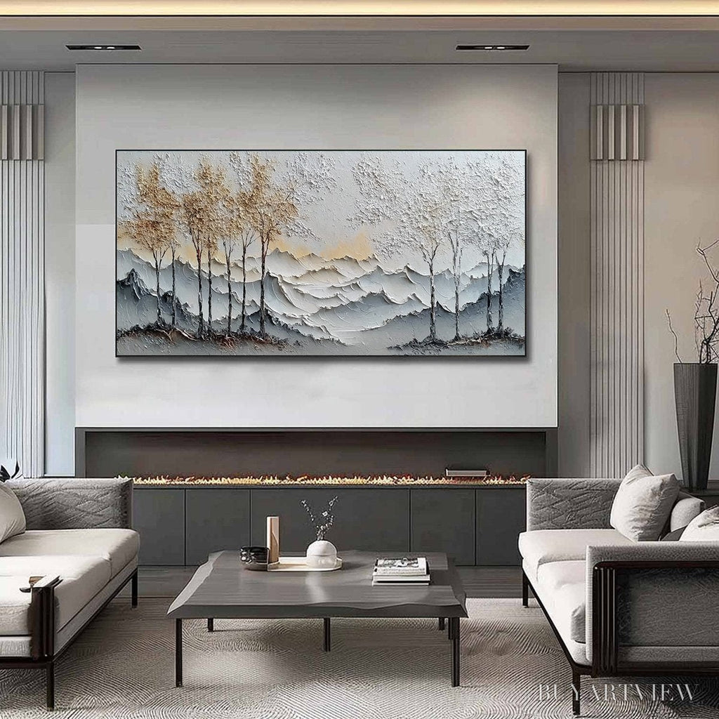 ARTOVITAS Golden Silence – Textured Wabi Sabi Mountain and Trees Landscape Painting - image 2