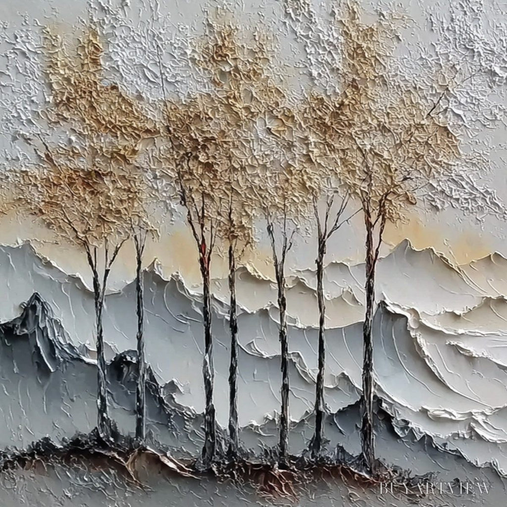 ARTOVITAS Golden Silence – Textured Wabi Sabi Mountain and Trees Landscape Painting - image 3