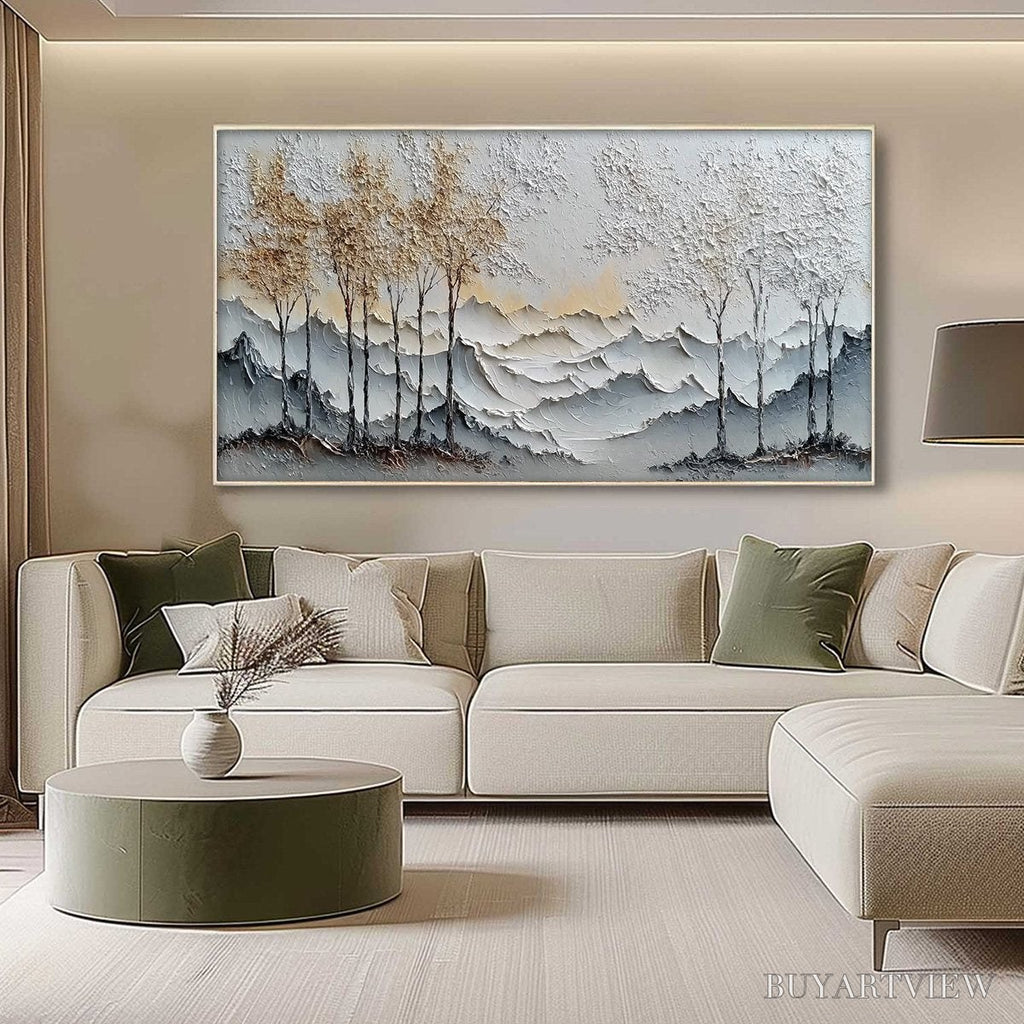 ARTOVITAS Golden Silence – Textured Wabi Sabi Mountain and Trees Landscape Painting - image 4