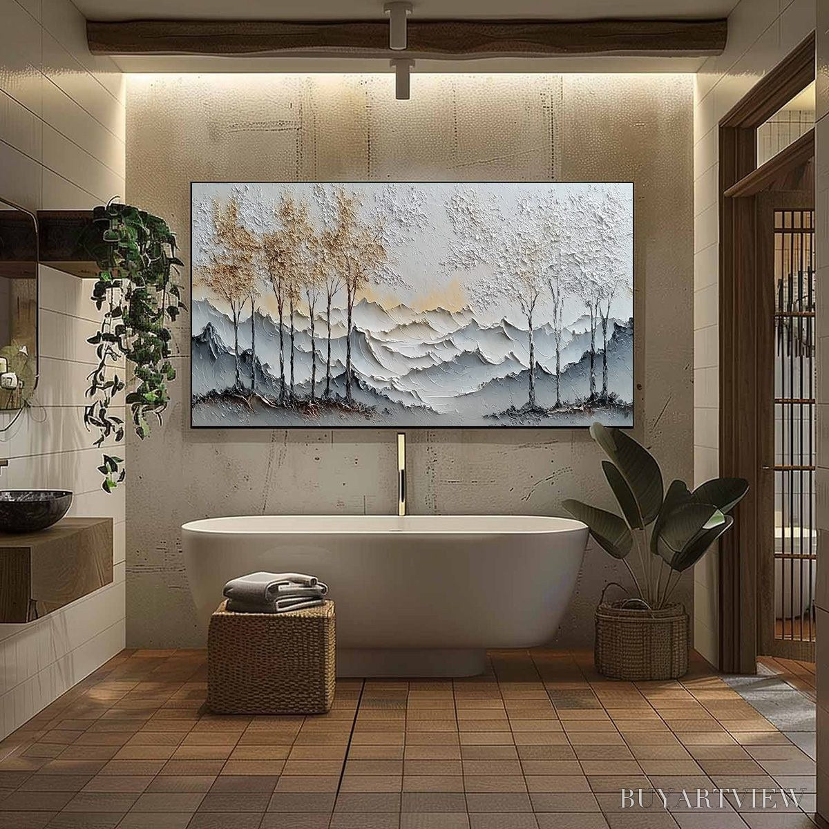 ARTOVITAS Golden Silence – Textured Wabi Sabi Mountain and Trees Landscape Painting - image 6