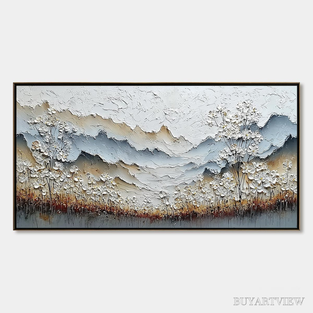 ARTOVITAS Whispering Meadow – Heavily Textured Wabi Sabi Mountain & Flower Landscape Painting - image 1