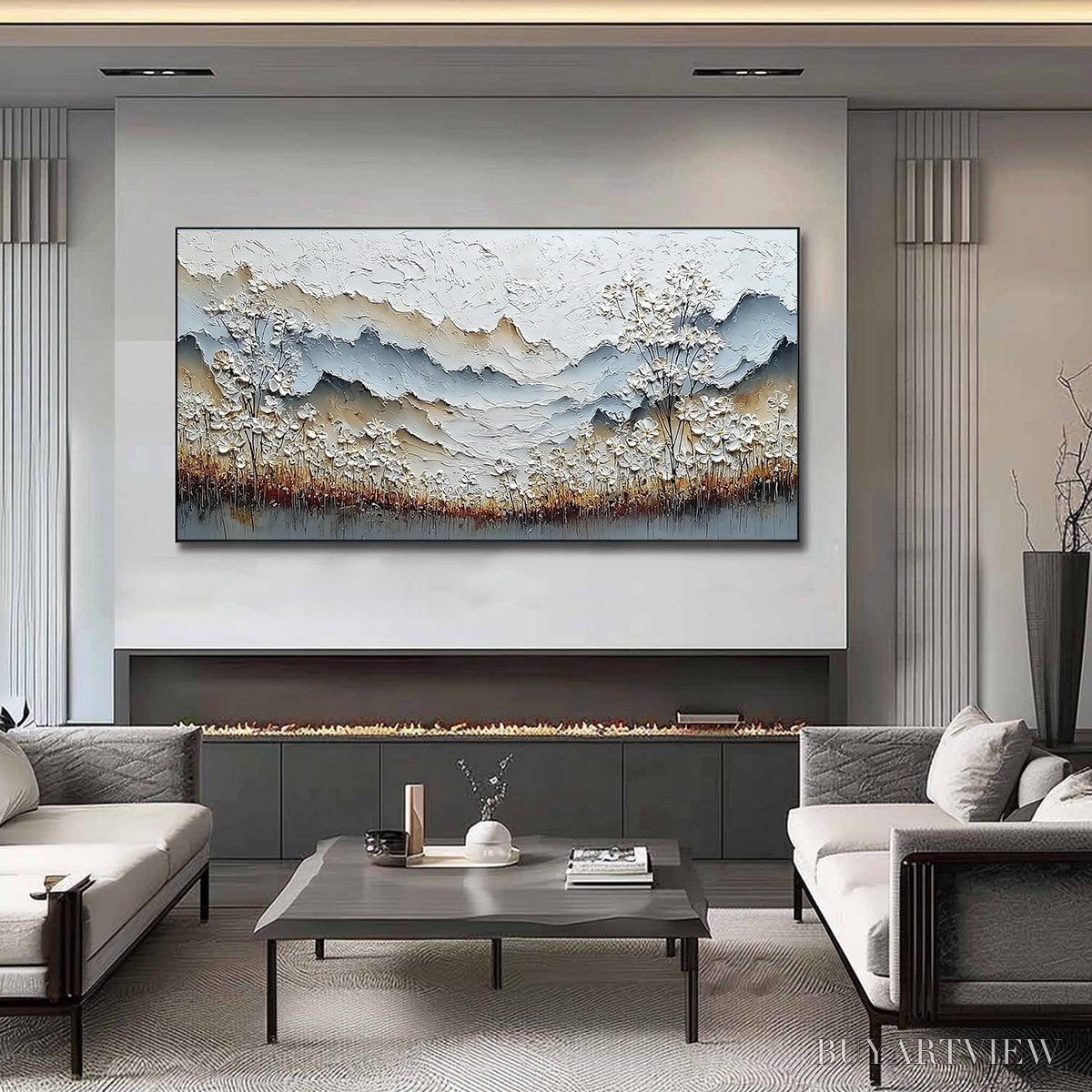 ARTOVITAS Whispering Meadow – Heavily Textured Wabi Sabi Mountain & Flower Landscape Painting - image 2