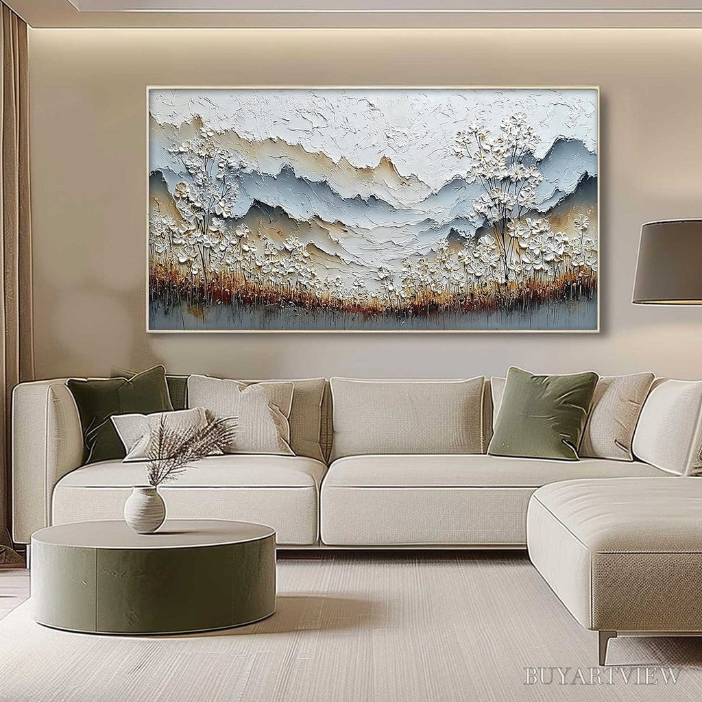 ARTOVITAS Whispering Meadow – Heavily Textured Wabi Sabi Mountain & Flower Landscape Painting - image 4