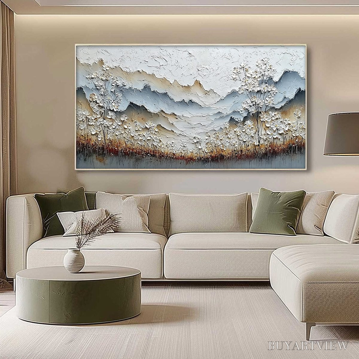 ARTOVITAS Whispering Meadow – Heavily Textured Wabi Sabi Mountain & Flower Landscape Painting - image 4