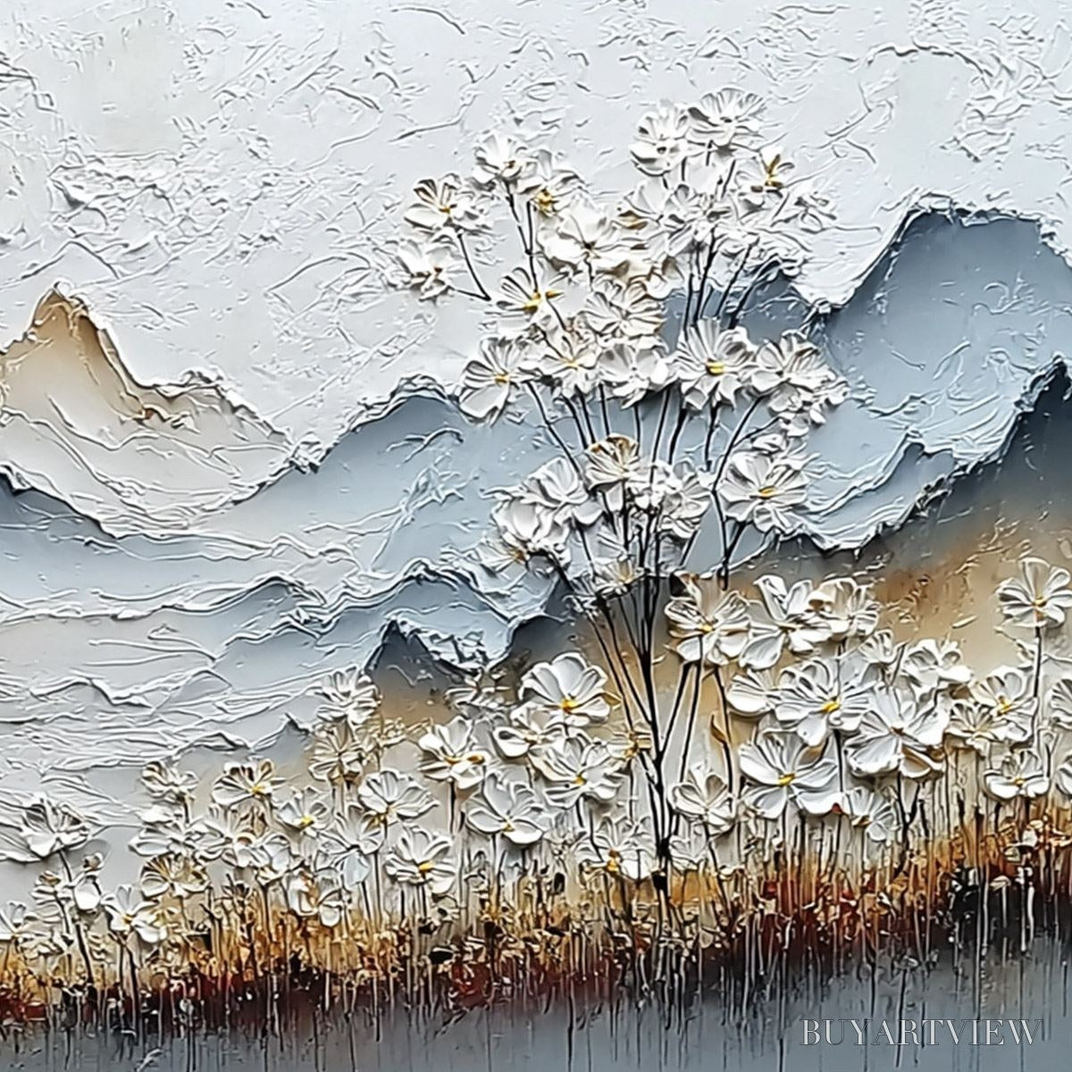 ARTOVITAS Whispering Meadow – Heavily Textured Wabi Sabi Mountain & Flower Landscape Painting - image 5
