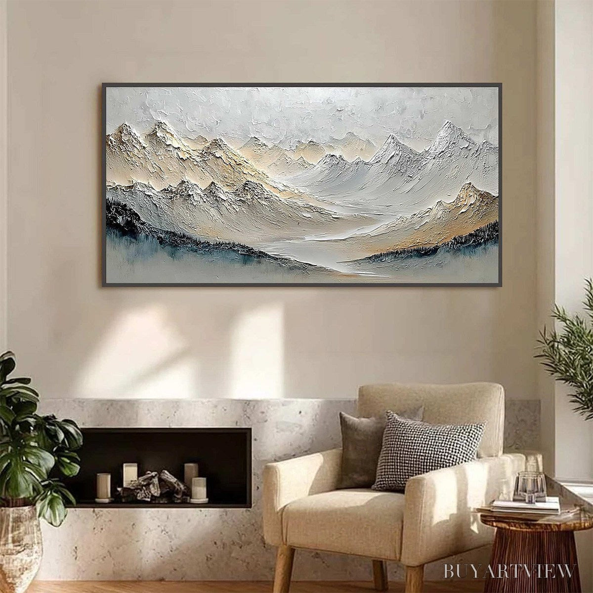 ARTOVITAS Alpine Serenity – Textured Wabi Sabi Mountain Landscape Painting - image 2