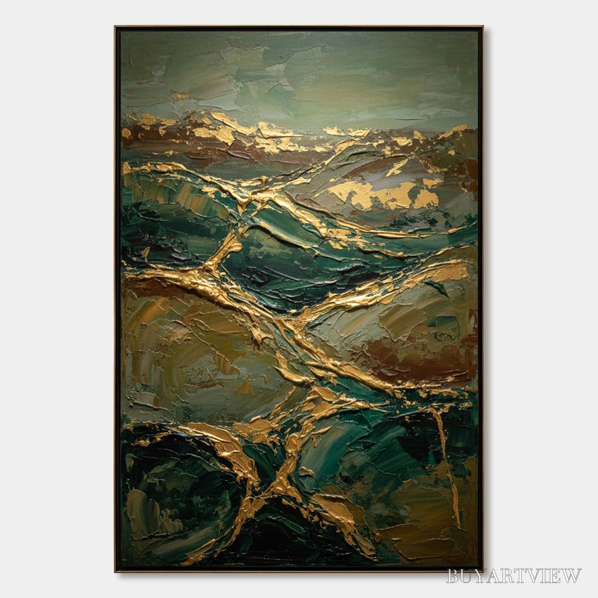 ARTOVITAS Golden Strata – Textured Abstract Green and Gold Mountain Impasto Painting - image 1