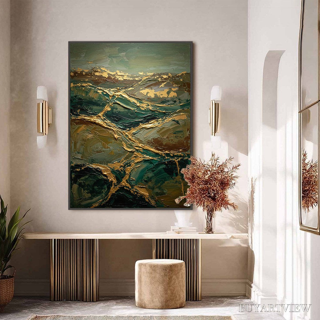 ARTOVITAS Golden Strata – Textured Abstract Green and Gold Mountain Impasto Painting - image 2
