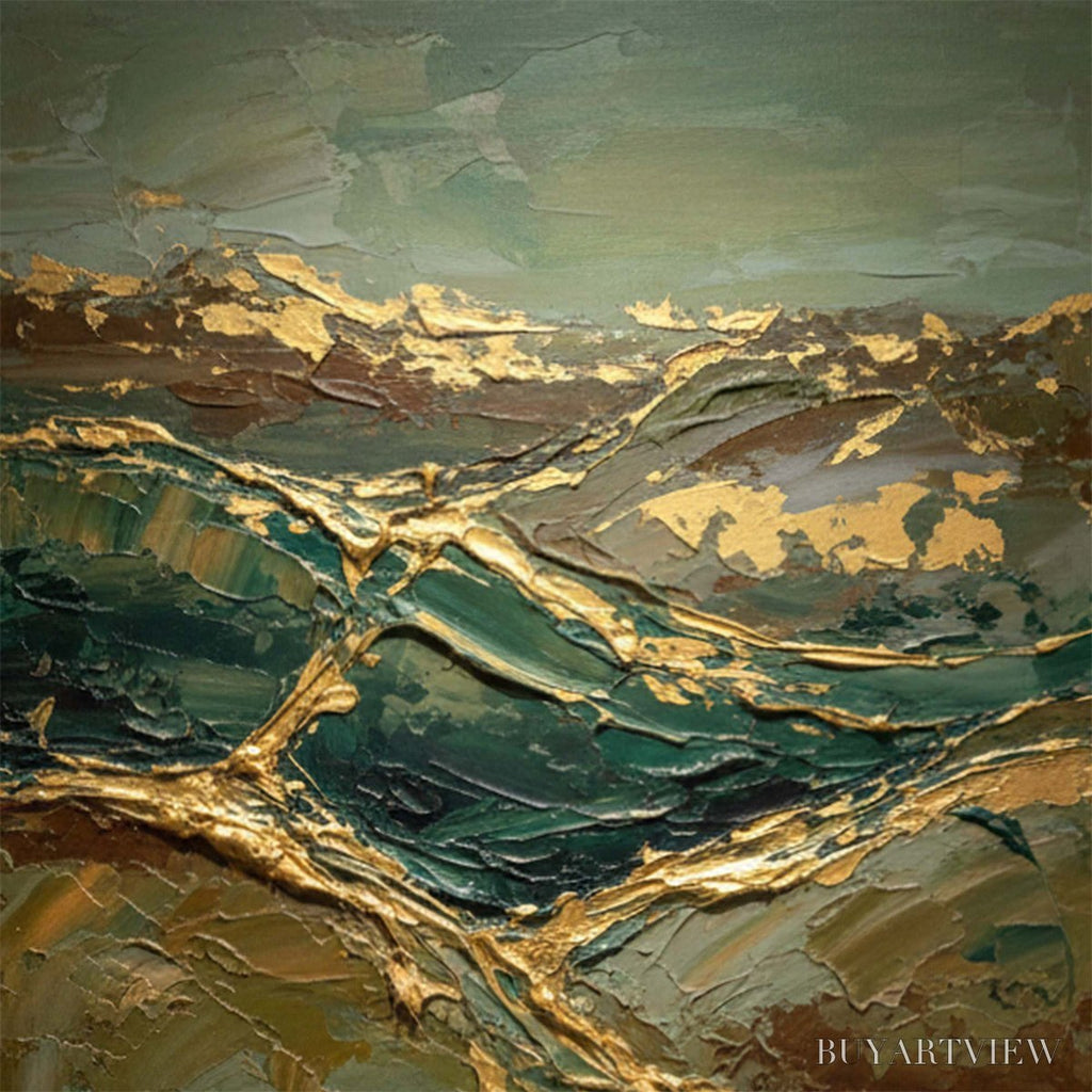ARTOVITAS Golden Strata – Textured Abstract Green and Gold Mountain Impasto Painting - image 3