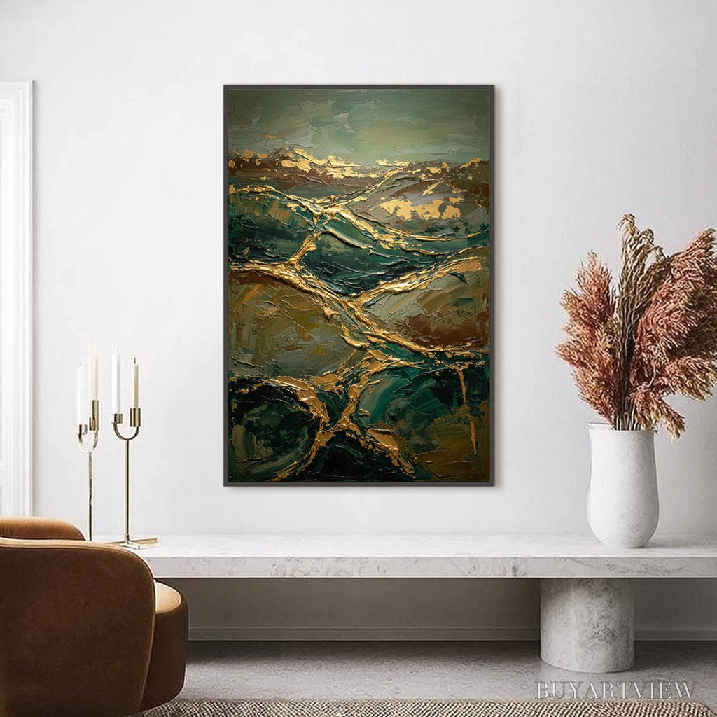 ARTOVITAS Golden Strata – Textured Abstract Green and Gold Mountain Impasto Painting - image 4