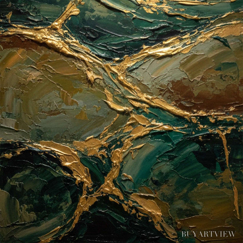ARTOVITAS Golden Strata – Textured Abstract Green and Gold Mountain Impasto Painting - image 5