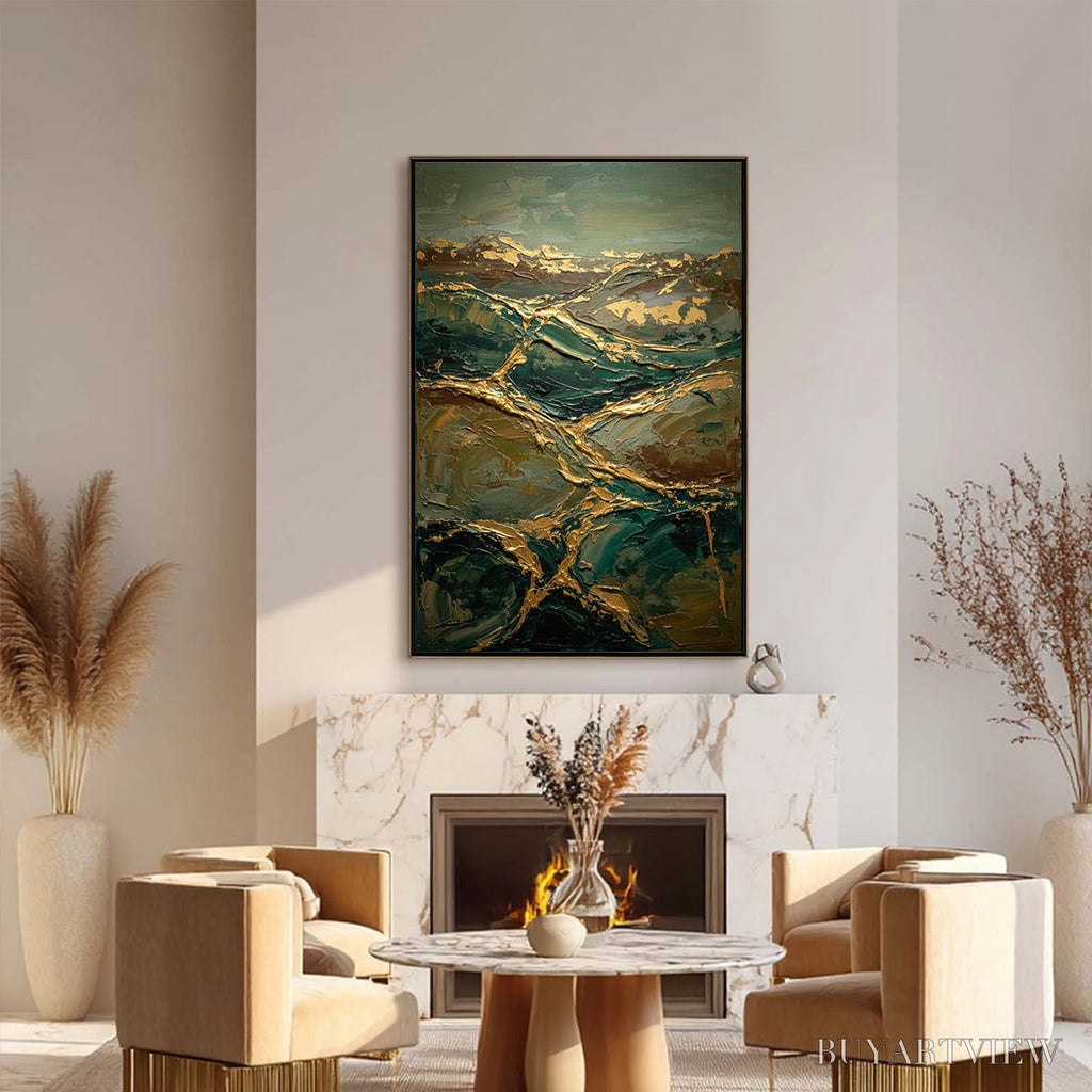 ARTOVITAS Golden Strata – Textured Abstract Green and Gold Mountain Impasto Painting - image 6