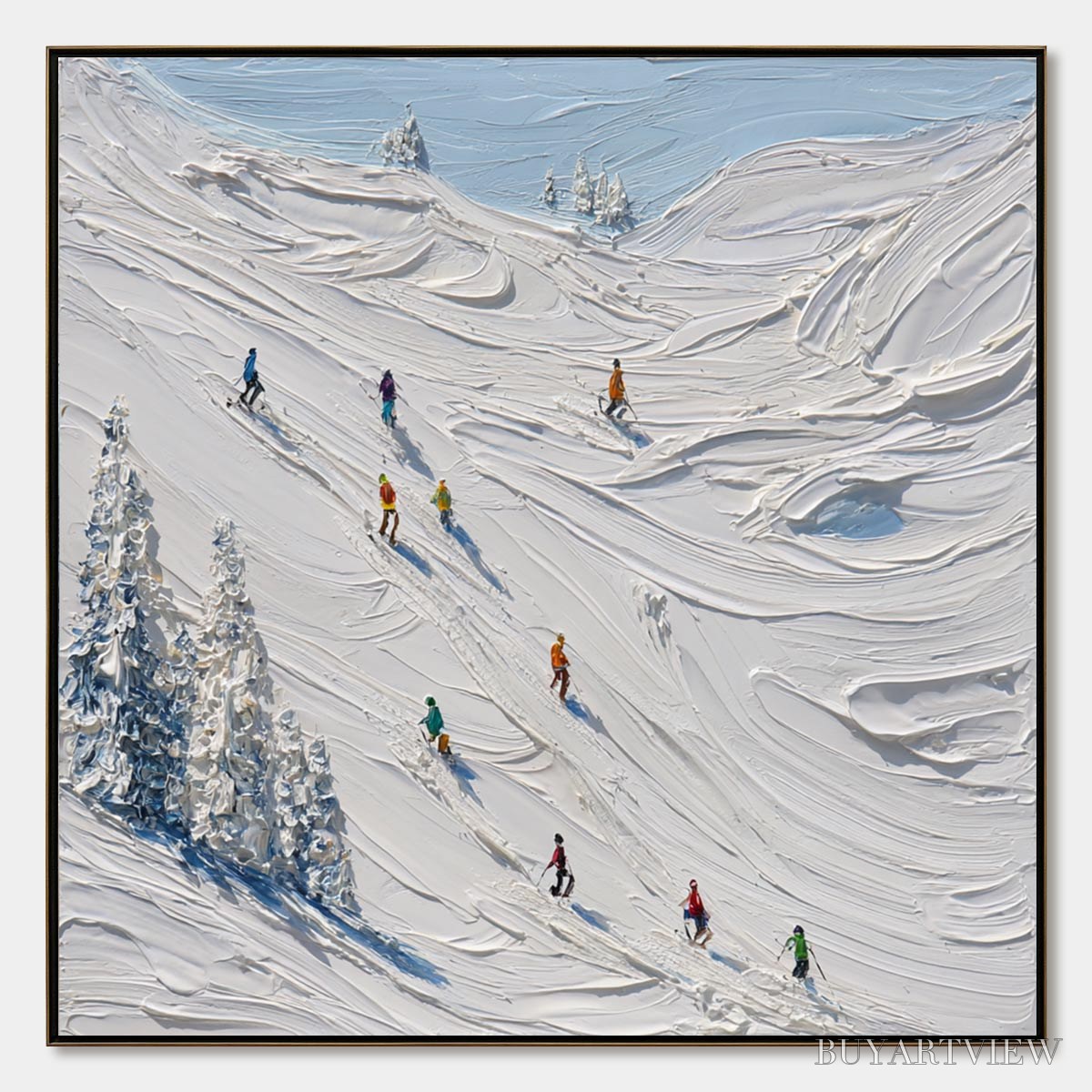 ARTOVITAS Alpine Rush – Textured Impasto Painting of Skiers on a Snowy Mountain - image 1