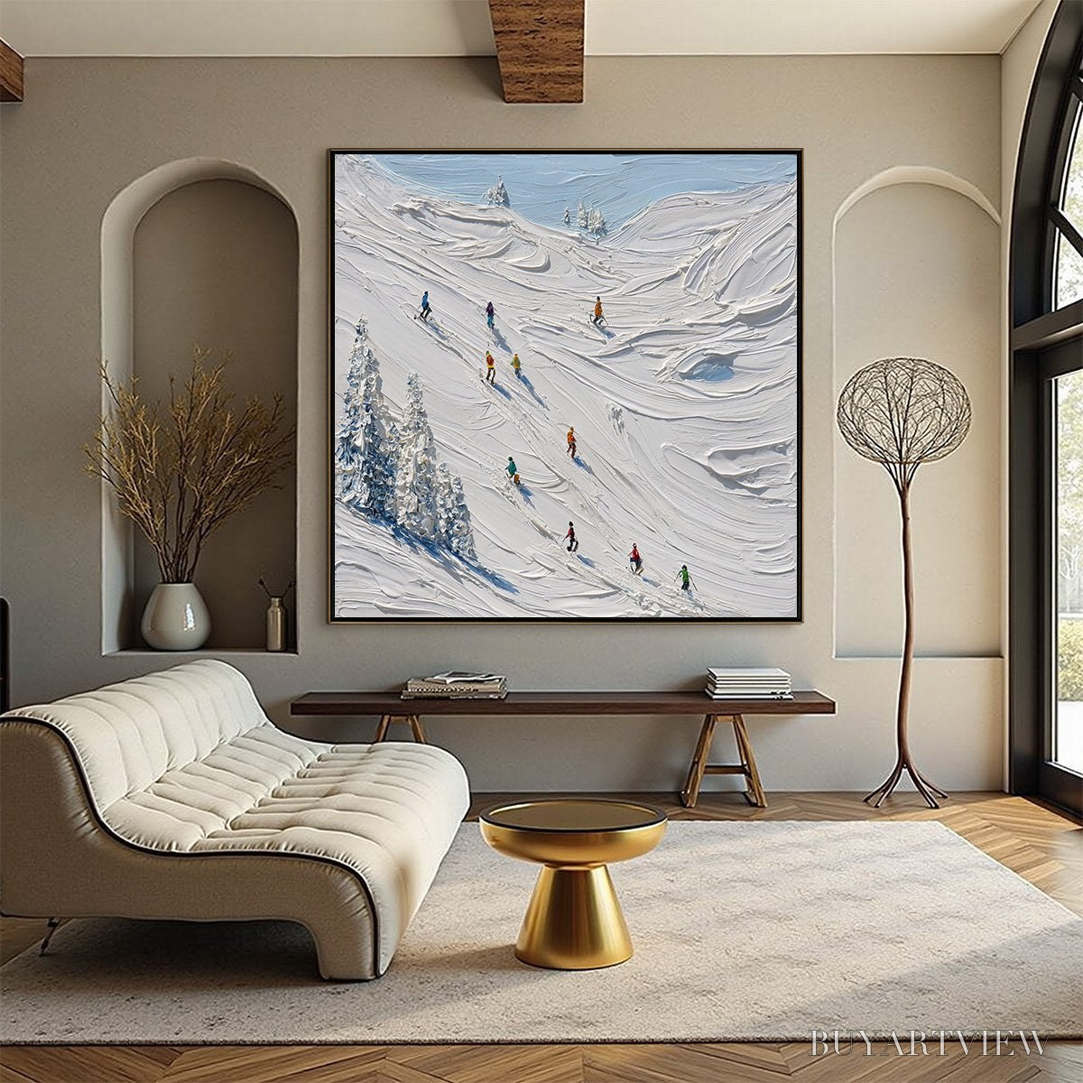 ARTOVITAS Alpine Rush – Textured Impasto Painting of Skiers on a Snowy Mountain - image 2