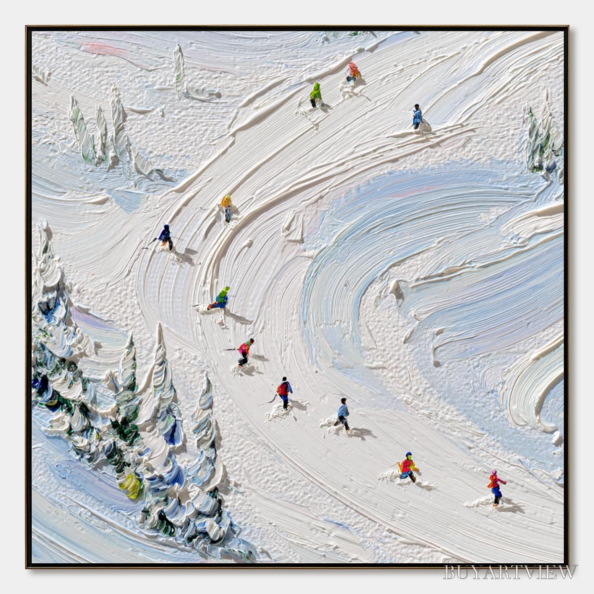ARTOVITAS Alpine Rush – Textured Impasto Painting of Skiers on a Snowy Mountain - image 1