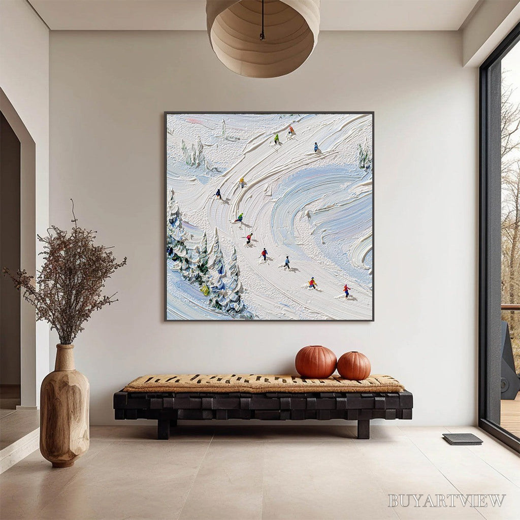 ARTOVITAS Alpine Rush – Textured Impasto Painting of Skiers on a Snowy Mountain - image 2
