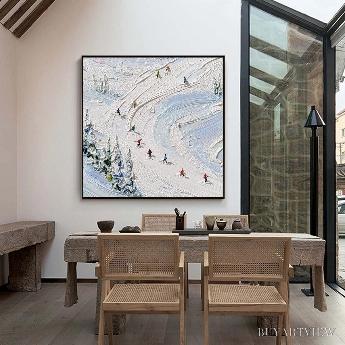 ARTOVITAS Alpine Rush – Textured Impasto Painting of Skiers on a Snowy Mountain - image 4