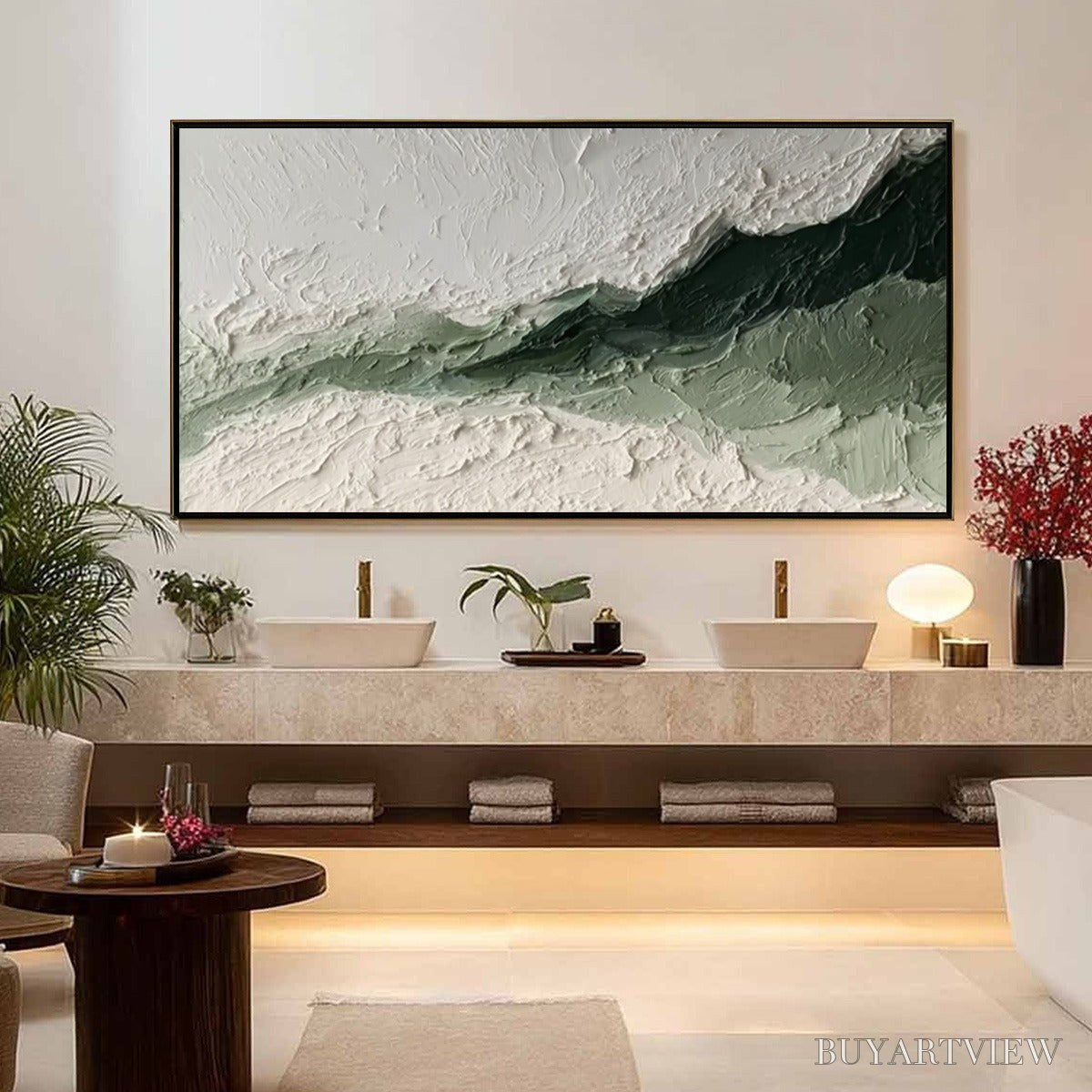 ARTOVITAS Emerald Ridge – Heavily Textured Wabi Sabi Abstract Landscape Painting - image 2