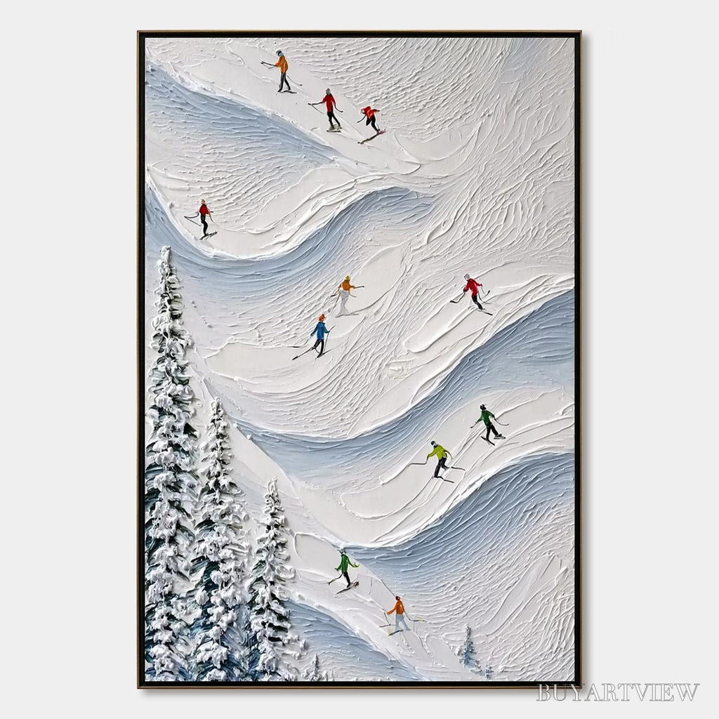 ARTOVITAS Alpine Rush – Textured Impasto Painting of Skiers on a Snowy Mountain - image 1
