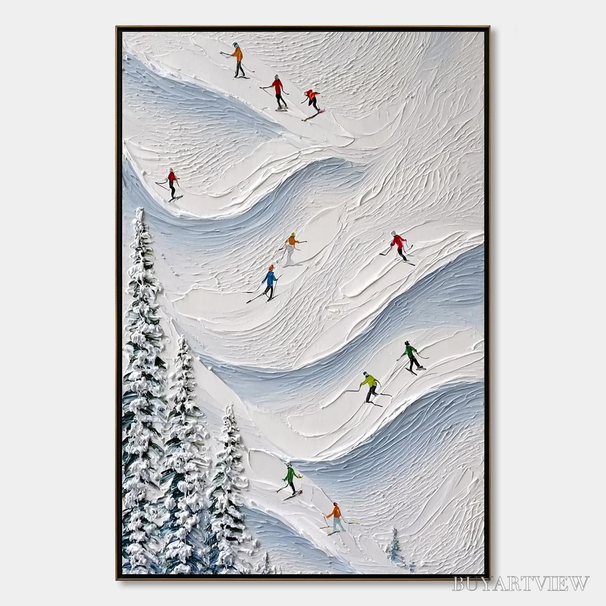ARTOVITAS Alpine Rush – Textured Impasto Painting of Skiers on a Snowy Mountain - image 1